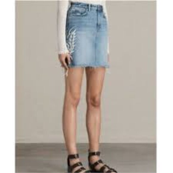 All Saints Philly Denim Embroidered Mini Skirt size 6 - Picture 1 of 9